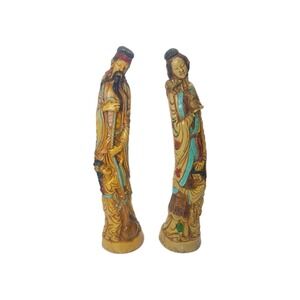 vtg ARTMARK Italy- Asian carved resin statues -15" Tall/  3 1/2" Base Set